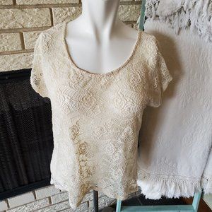 MOD Lusive beige boho lace scoop neck short sleeve top M